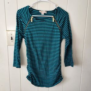 MICHAEL Michael Kors Teal and Black Striped Long Sleeve Tee Size M